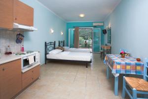 a blue room with a bed and a kitchen at Asterida in Sivota