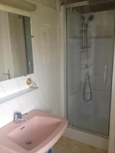 La salle de bains est pourvue d'un lavabo rose et d'une douche. dans l'établissement Gîte du Moulin du Vey, à Clécy