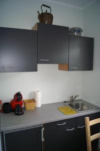 eine Küche mit einer Spüle und einer Arbeitsplatte in der Unterkunft Pension Oberberg in Lindlar