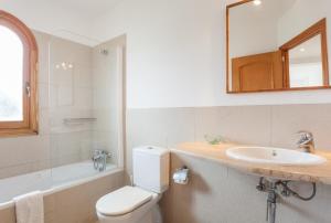 a bathroom with a toilet and a sink and a mirror at APARTAMENTO EL ROJO in Can Picafort +9 photos