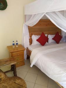 1 dormitorio con 2 camas y almohadas rojas en Machakos Suites Luxury Hotel en Machakos