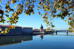a building on the river with a bridge in the background at Hôtel des Beaux-Arts Toulouse in Toulouse