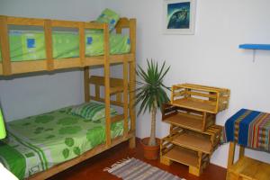 1 dormitorio con 2 literas y una maceta en Urcia Surf House en Huanchaco