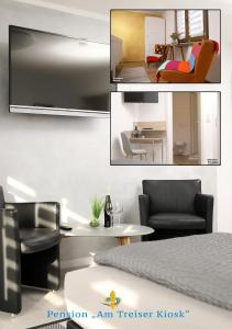 eine Collage mit Fotos von einem Wohnzimmer und einem Schlafzimmer in der Unterkunft Pension am Treiser Kiosk in Treis-Karden