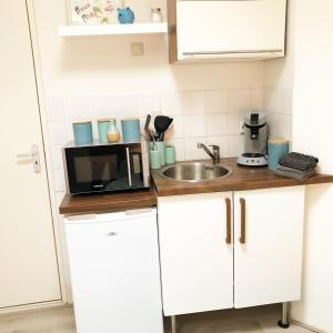 a small kitchen with a sink and a microwave at Pension Pitstop in Zandvoort