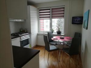 een kleine keuken met een tafel en stoelen en een raam bij Justinos Apartamentai Panevėžyje in Panevėžys