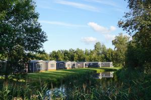 a row of modular homes next to a lake at Chalets It Wiid in Eernewoude