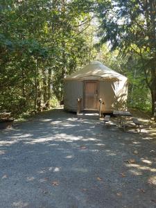 una tenda con una porta di legno in una foresta di Tall Chief Camping Resort Yurt 5 a Pleasant Hill