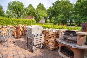 a brick patio with an outdoor grill and a fire pit at Ferienappartements Am Spreewaldfliess in Schlepzig