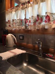a kitchen with a sink and a counter with curtains at Mi lugar con Mily in Villa La Angostura