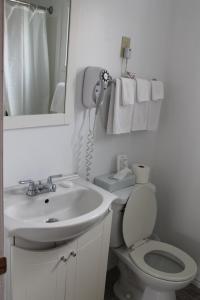a bathroom with a sink and a toilet and a mirror at Sage Hills Motel in Cache Creek