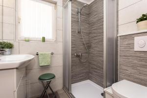 a bathroom with a shower and a toilet and a sink at Pansion Tina in Šilo