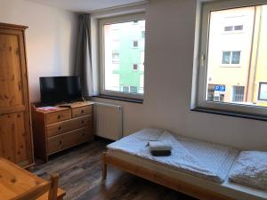 a bedroom with a bed and a tv and two windows at Mitte24 in Neu Ulm