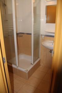 een badkamer met een douche en een wastafel bij Hotel Frederiksborg in Brussel