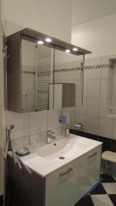 łazienka z umywalką i dużym lustrem w obiekcie Appartement " Am Fasangarten " w Wiedniu
