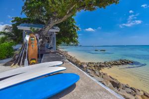 a bunch of surfboards are lined up on the beach at Le Nautique Beachfront Apartments in Anse Royale