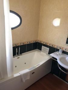 a bathroom with a tub, sink and mirror at Hotel Di Stefano in Pisa