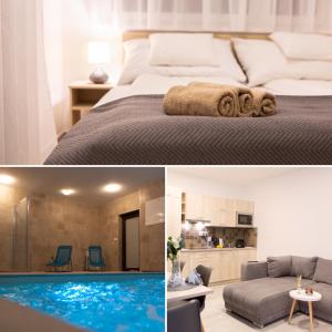 een slaapkamer en een woonkamer met een bed en een zwembad bij ATANA Luxury Apartments in Siófok