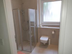 ein Bad mit einer Dusche und einem WC in der Unterkunft Schicke Ferienwohnung Darmstadt Bessungen in Darmstadt