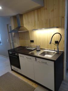 a kitchen with a sink and a stove at Red Door Apartment in Sofia