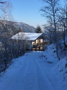 a snow covered road in front of a building at Gold Cave casa vacanze relax nel bosco appartamenti in Pessinetto