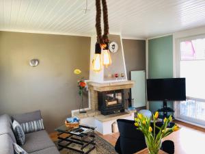 ein Wohnzimmer mit einem Sofa und einem Kamin in der Unterkunft Haus Meere´s Stille in Zingst