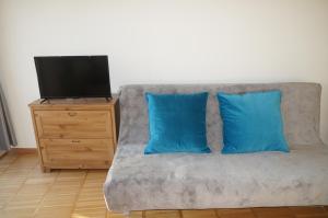 a couch with two blue pillows and a television at Nadmorski Apartament in Hel