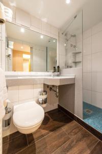a bathroom with a toilet and a sink and a mirror at Gasthof zum Stern in Seehausen am Staffelsee