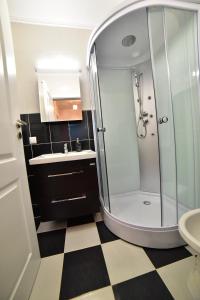 ein Badezimmer mit einer Dusche und einem karierten Boden in der Unterkunft Sibiu City Residence in Sibiu