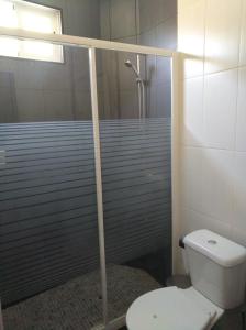 a bathroom with a shower with a toilet and a glass door at Casa D. Antónia in Gouvães