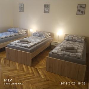 two twin beds in a room with wood floors at Apartament Sofia Agroturystyka in Ryczów