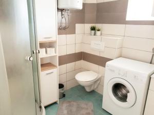 a bathroom with a washing machine and a toilet at Apartmani Andrej in Udbina +35 photos