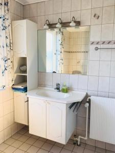 uma casa de banho com um lavatório branco e um espelho. em B&B Ishoej Private bath em Ishoj