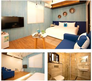 2 Bilder eines Schlafzimmers mit einem Bett und einem TV in der Unterkunft Township Small Building B&B in Dongshan