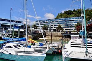 Un grupo de barcos atracados en un puerto con un edificio. en Sea Path Apartment, en Nelson