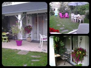 two pictures of a patio with chairs and an umbrella at appartement 1er étage dans maison individuelle in Tanavelle