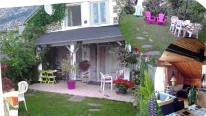 two pictures of a house with chairs and a patio at appartement 1er étage dans maison individuelle in Tanavelle