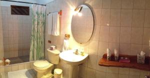 a bathroom with a sink and a toilet and a mirror at Hotel Suizo Loco Lodge & Resort in Cahuita