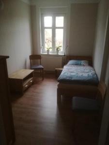 1 dormitorio con cama, ventana y silla en Auestraße 94A en Glauchau