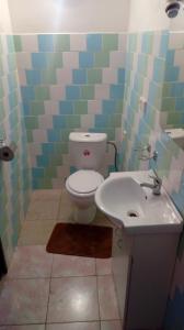a bathroom with a toilet and a sink at Penzion SKLAŘSKÁ HOSPODA in Chřibská