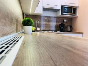 A kitchen or kitchenette at Green Island in the downtown with free parking