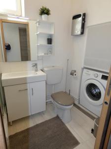 a bathroom with a toilet and a washing machine at Arles Forum - Les Pénitents Bleus in Arles