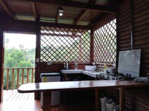 eine Küche mit einer Theke und einem Herd in einem Zimmer in der Unterkunft Eco Guest House - Sarapiquí 1 in Sarapiquí