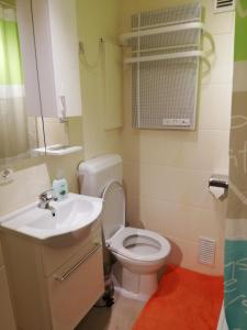 a bathroom with a white toilet and a sink at Orchidea apartman in Harkány