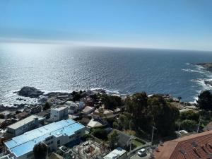 z powietrza widok na miasto i ocean w obiekcie Departamento Reñaca maravillosa vista al mar w mieście Viña del Mar