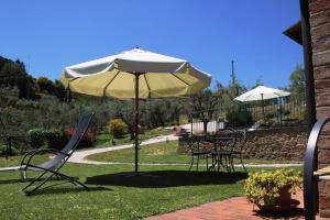 an umbrella and chairs and a table in the grass at Pacifico in Montepulciano