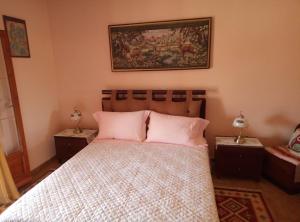 1 dormitorio con 1 cama con almohadas rosas en Villa Silvia, en Ágios Matthaíos