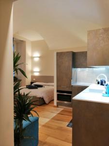 1 dormitorio con 1 cama y cocina con fregadero en SERENDIPITY Porta Palatina 3(Centro Storico)TORINO, en Turín