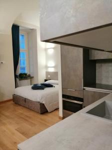 1 dormitorio con 1 cama y cocina con fregadero en SERENDIPITY Porta Palatina 3(Centro Storico)TORINO, en Turín