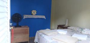 a room with a bed and a blue wall at Chalé iglu joto in Conceição do Mato Dentro